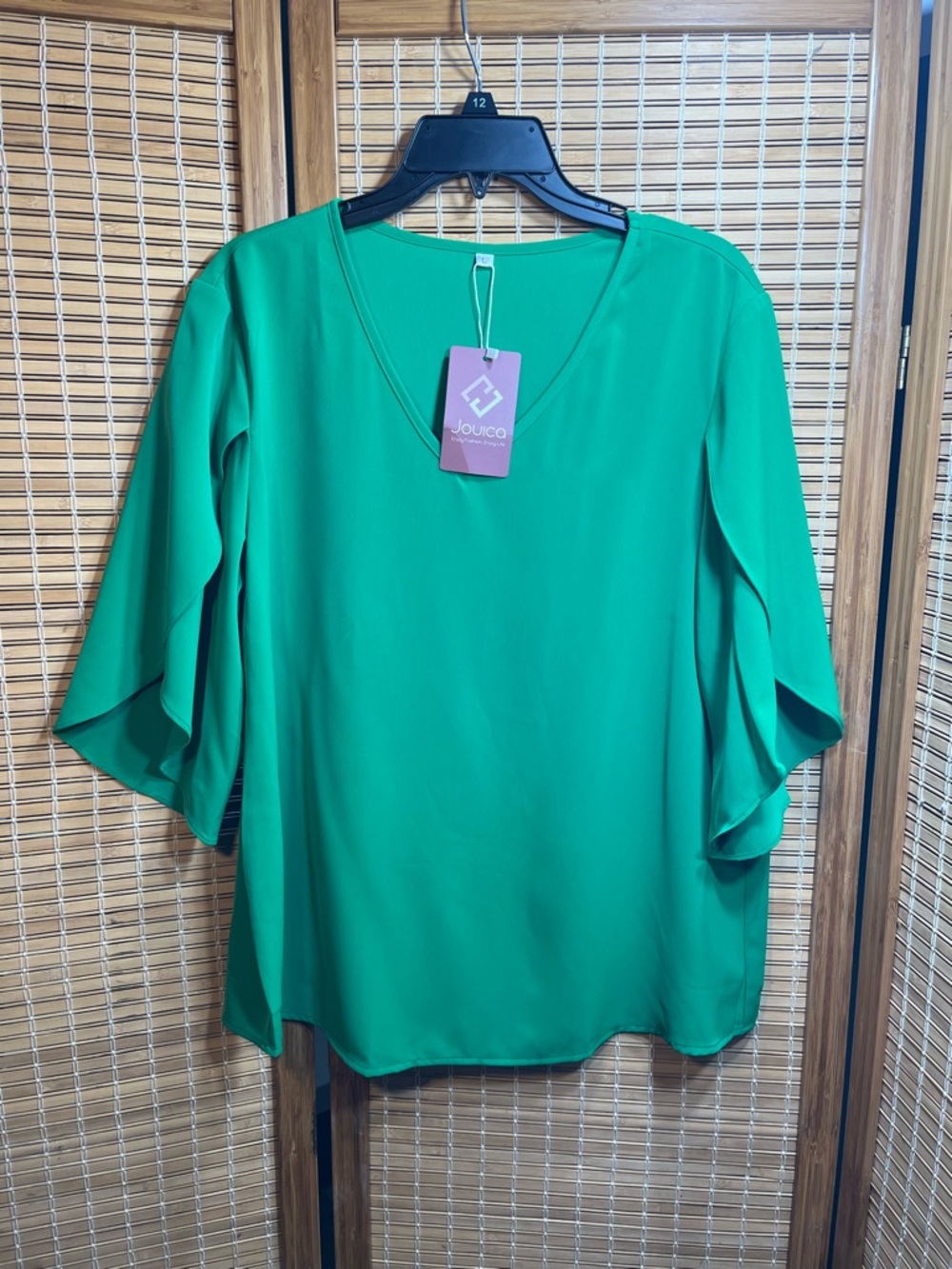 Jouica Women Bright Green Blouse Casual Chiffon Top Summer 3/4 Ruffled Sleeve L